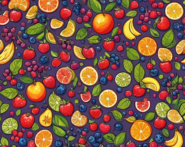 A pattern of apples, oranges, and blueberries. The image is a repeating pattern of these fruits, creating a vibrant and lively design.