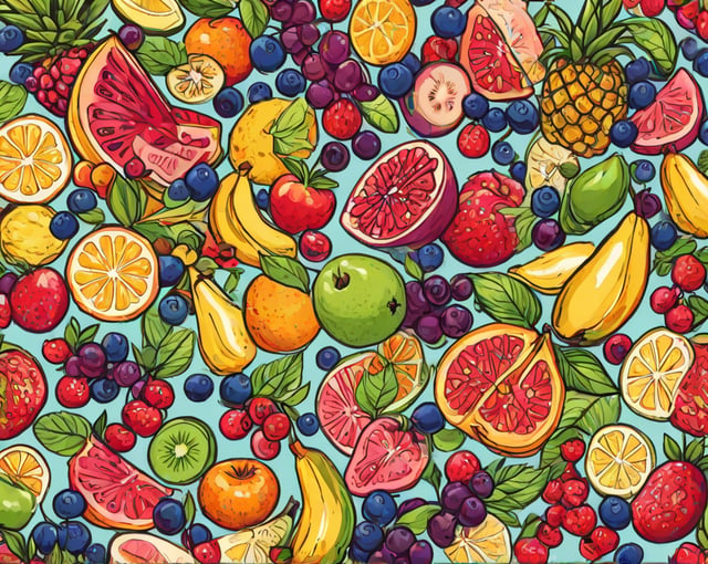 Fruit mix poster with apples, bananas, oranges, strawberries, blueberries, and lemons.