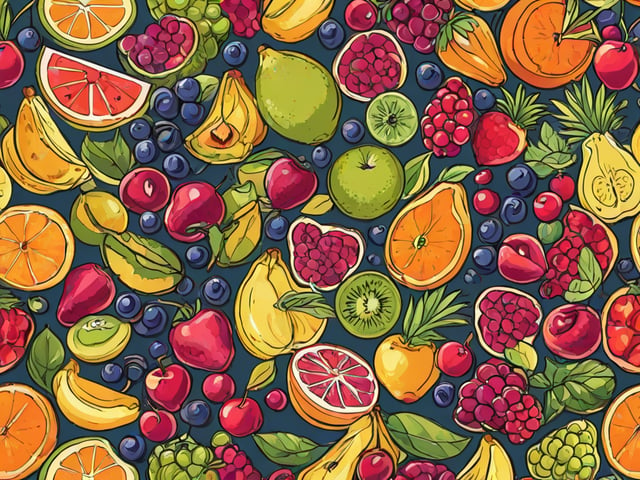 A colorful fruit mix design with various fruits such as apples, oranges, and blueberries.