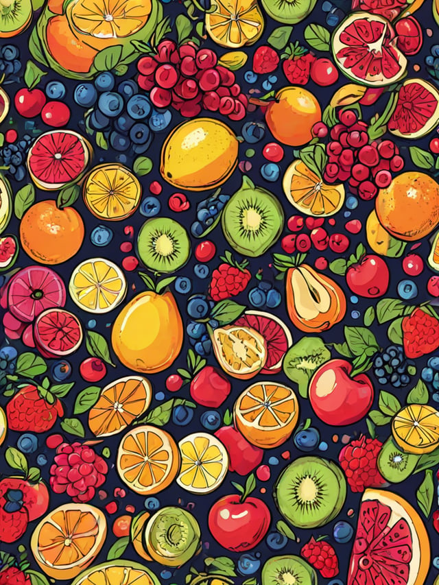 Fruit design with a variety of fruits such as apples, oranges, lemons, pears, blueberries, raspberries, and kiwi.