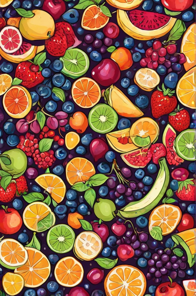 A fruit design with a variety of fruits including apples, oranges, bananas, strawberries, blueberries, and lemons.
