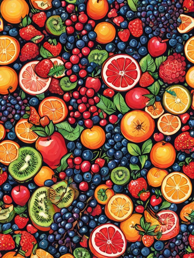 A colorful fruit design with a variety of fruits such as apples, oranges, and strawberries.