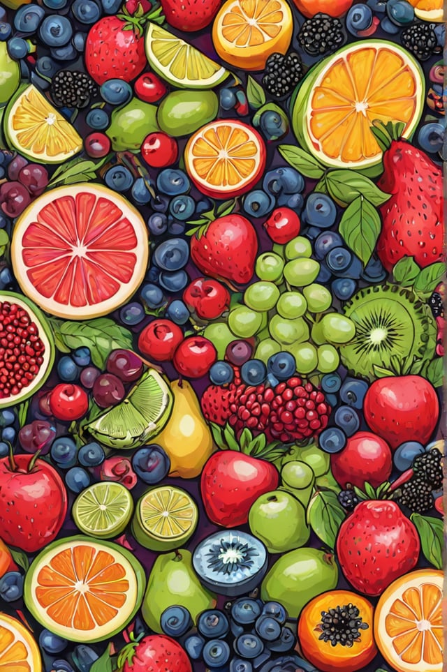 A cartoon painting of a fruit mix, featuring apples, oranges, strawberries, and grapes.