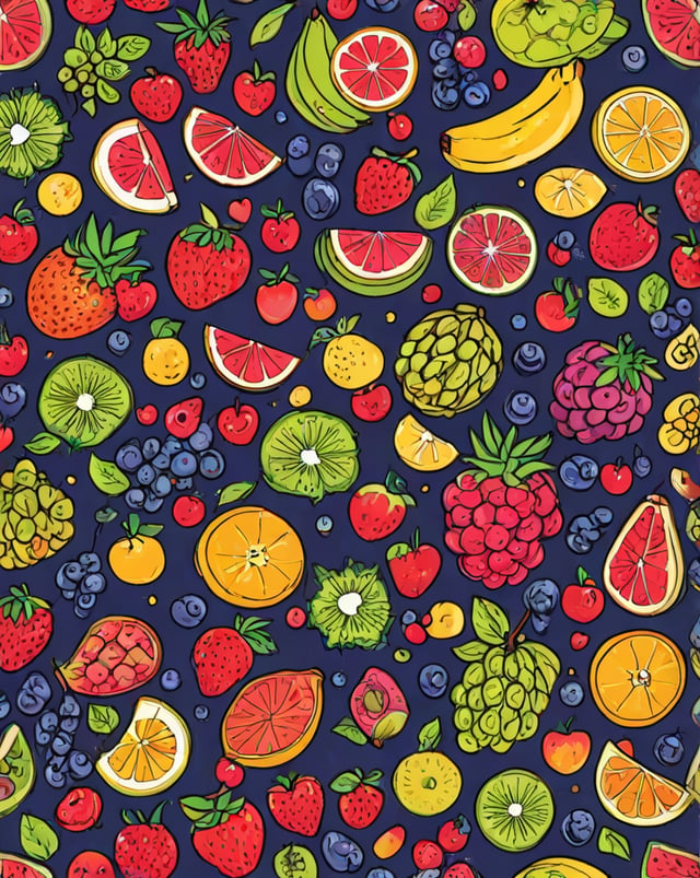 A fruit design with a variety of fruits including apples, oranges, strawberries, and bananas.