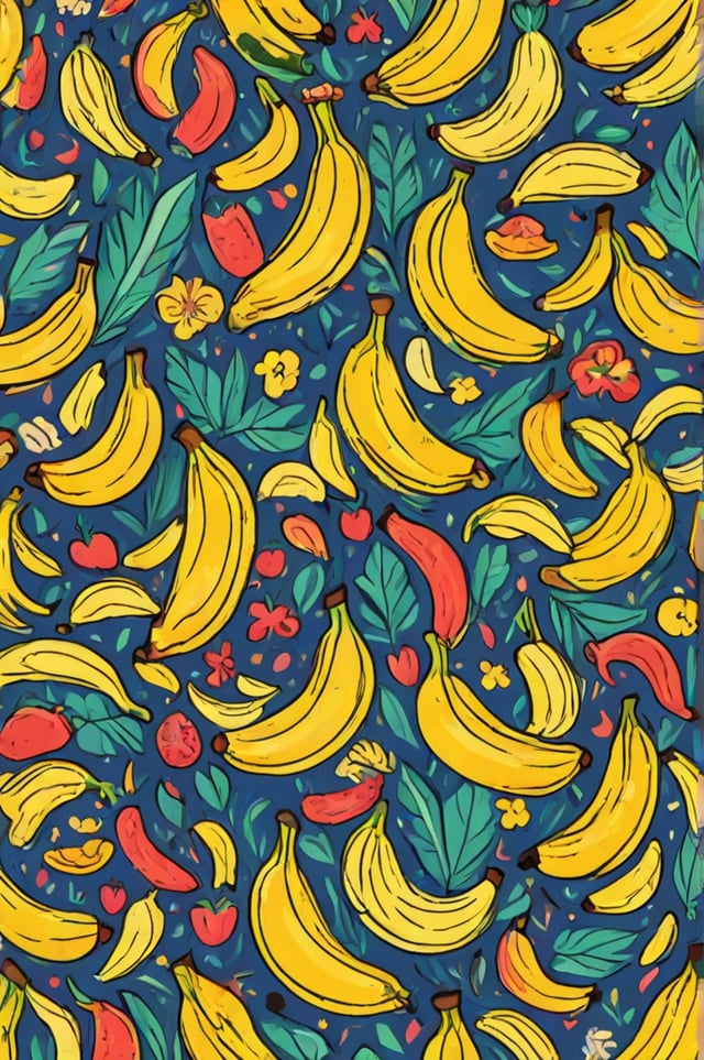 A pattern of bananas and apples on a blue background.