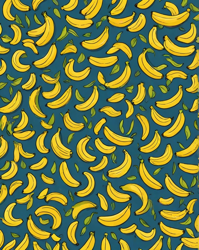 A pattern of bananas and leaves on a blue background. The bananas are yellow and the leaves are green.