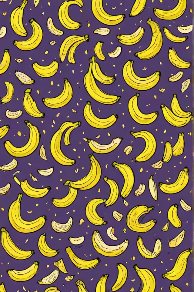 A pattern of bananas on a purple background. The bananas are in various positions and orientations, creating a visually interesting and unique design. The bananas are drawn in a cartoon style, adding a playful and fun touch to the overall look of the image.