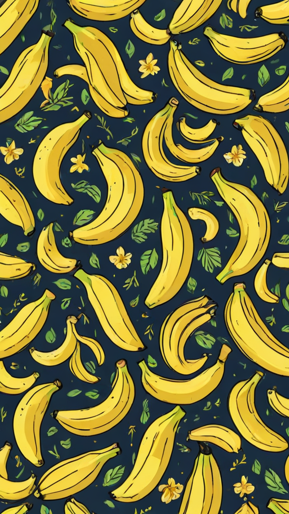 A pattern of bananas with leaves and flowers on a blue background. The bananas are in various positions and angles, creating a visually appealing design.