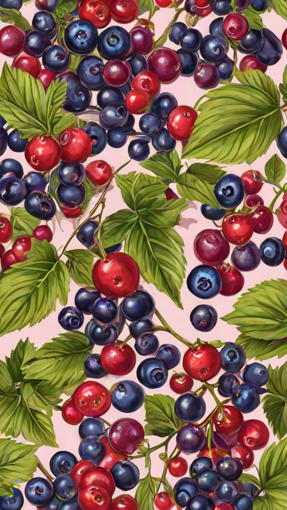 A painting of blueberries and red cherries hanging from a tree. The image is colorful and detailed, capturing the essence of the fruit.
