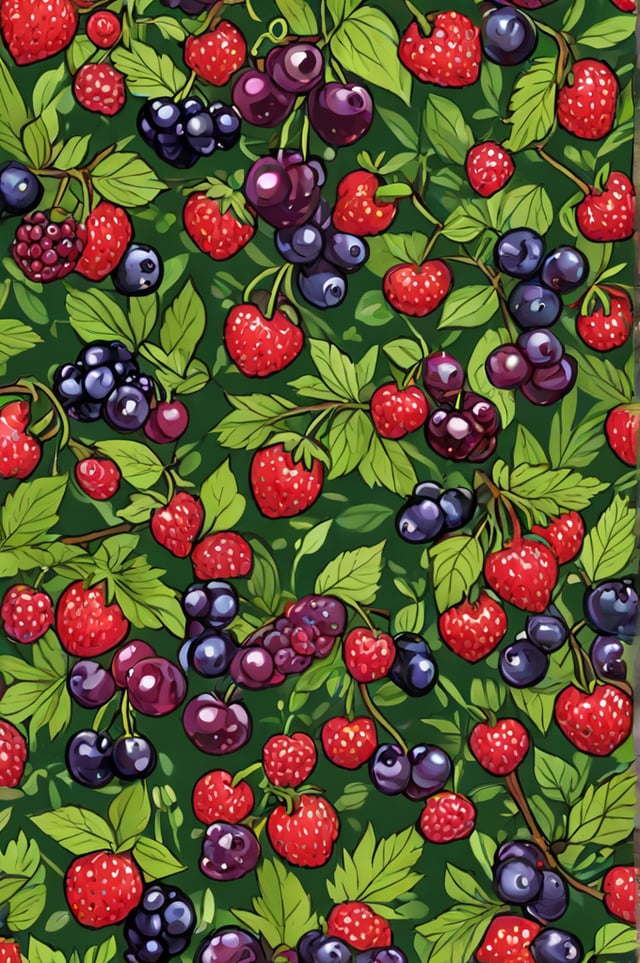A pattern of berries and strawberries on a green background.