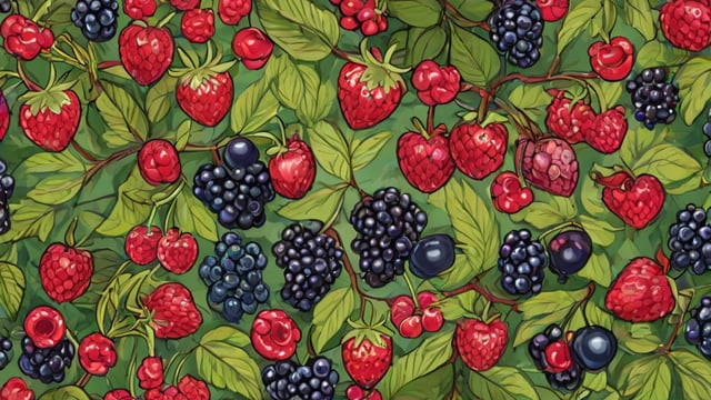 A painting of berries and strawberries on a green background