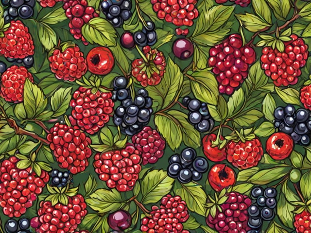 Colorful berries and fruits arranged in a visually appealing pattern.