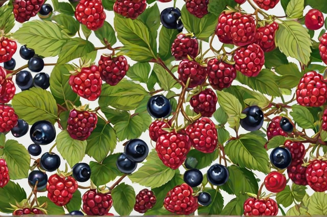 A painting of a bushel of berries, including raspberries and blueberries. The berries are lush and green, with some red raspberries mixed in. The painting is done in a watercolor style, giving it a fresh and vibrant appearance.