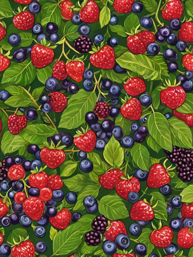 A colorful berry design featuring strawberries, blueberries, and raspberries.