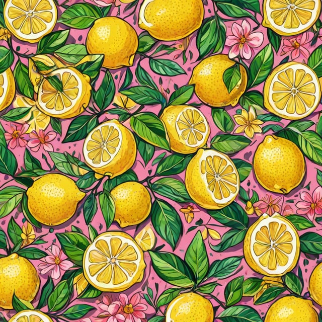 A painting of lemons with leaves and flowers around them.