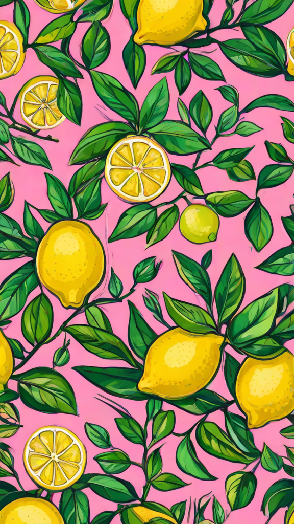 A painting of lemons on a pink background. The lemons are green and yellow and are surrounded by leaves. The painting is colorful and artistic.