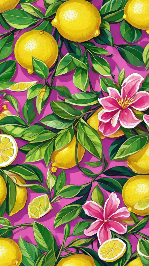 Colorful lemon and flower painting with vibrant colors and intricate details.