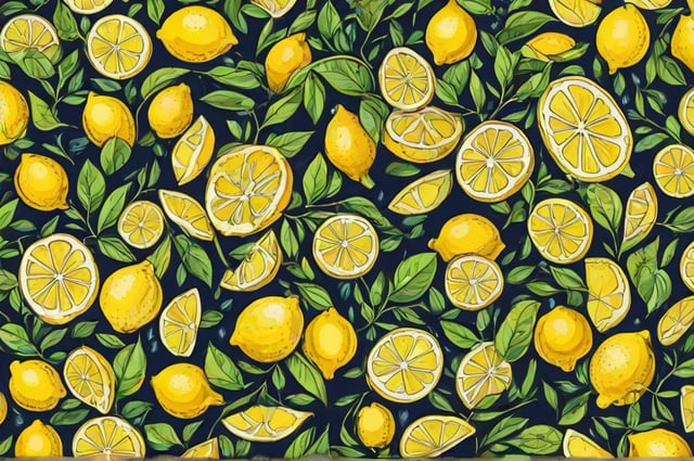 A pattern of lemons with green leaves on a blue background.