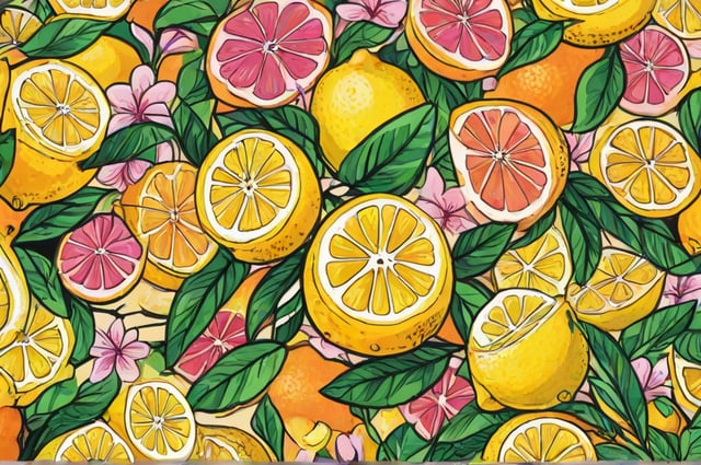 A painting of oranges and lemons with green leaves, creating a lively and colorful scene.