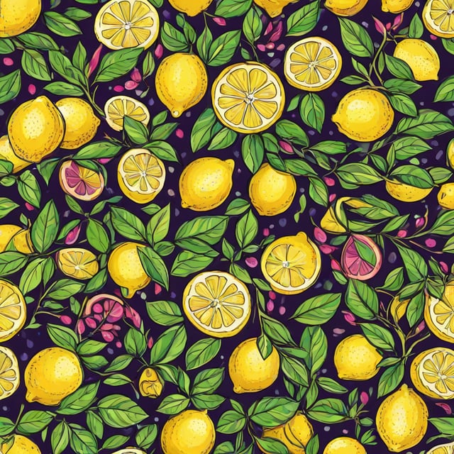 A pattern of lemons and lemon leaves in a colorful design.