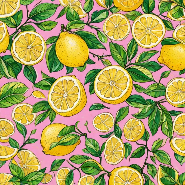 A painting of lemons on a pink background with green leaves.