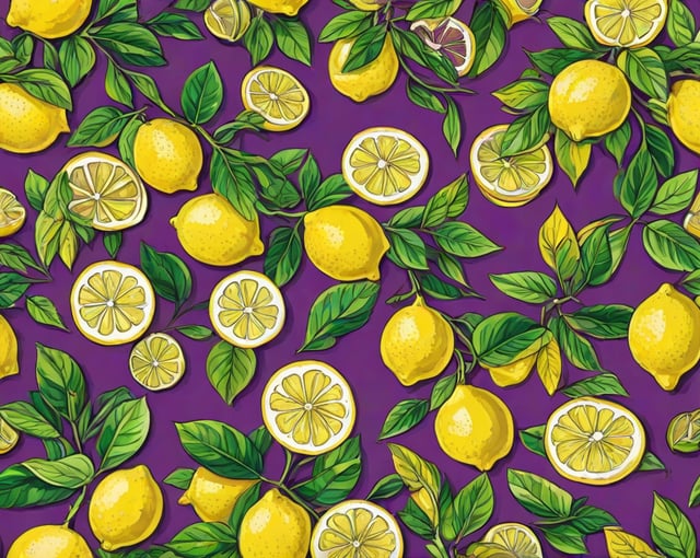 A pattern of lemons and leaves on a purple background.