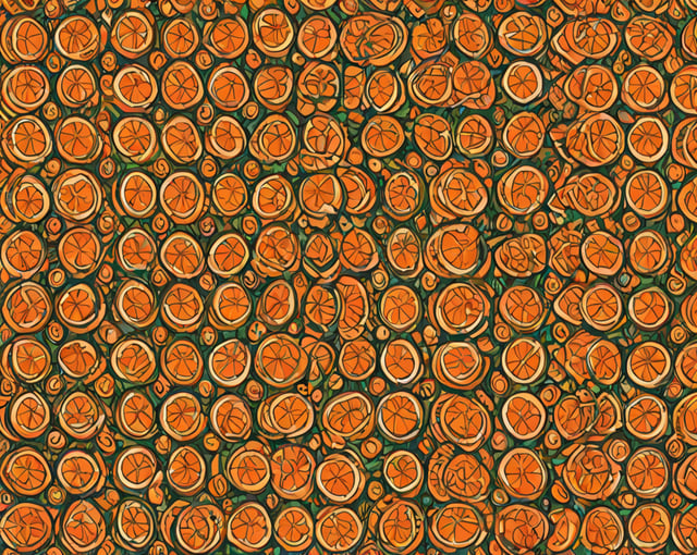 A circular arrangement of oranges in a colorful design.