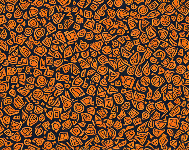 A patterned orange and black surface with a variety of shapes and designs.