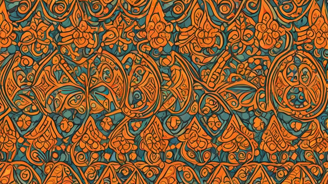 A pattern of orange and blue flowers arranged in a repeating pattern. The design is reminiscent of a Persian carpet.