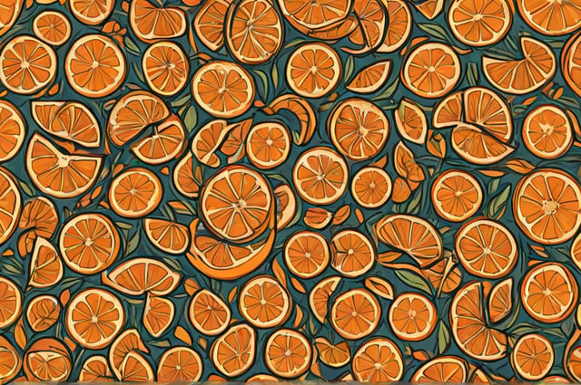 A painting of oranges in a Pop Art style, with a total of 14 oranges displayed in various positions and sizes.