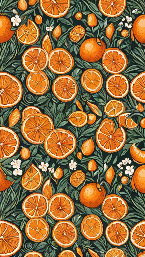 A painting of oranges and leaves in a vibrant and colorful design.