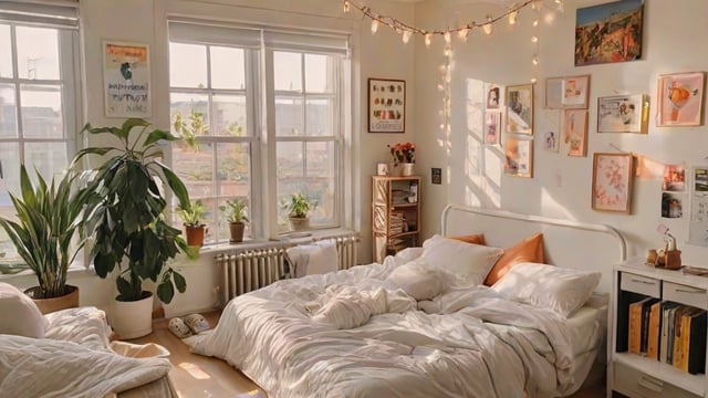 A cozy dorm room with a neatly made bed, large window, and various decorative elements.