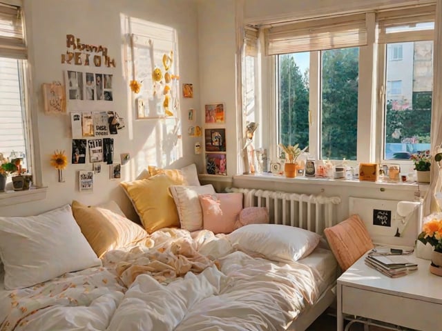 A cozy dorm room with a bed and a window. The bed is covered in white sheets and has a pink and yellow blanket. There are several pillows on the bed, including a yellow pillow and a pink pillow.