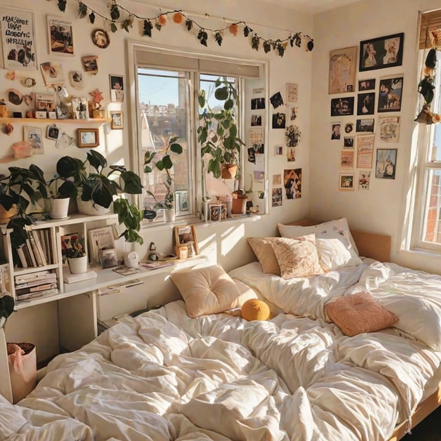 A cozy dorm room with a large bed, a window, and various decorations. The bed is covered in white sheets and has a yellow hat on it.