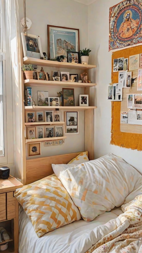 A cozy dorm room with a bed and a bookshelf filled with pictures and books. The bed has a yellow and white blanket and pillows. The bookshelf is filled with various items, including books, pictures, and a potted plant. The room has a warm and inviting atmosphere, perfect for relaxation and study.