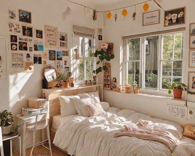 A dorm room with a white bed, a dresser, and a window. The room is decorated with many pictures and plants, creating a warm and inviting atmosphere.