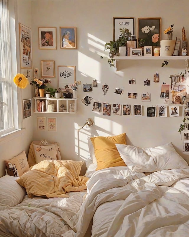 A cozy dorm room with a white bed and yellow pillows. The walls are adorned with various pictures and decorations, creating a personalized and inviting atmosphere.