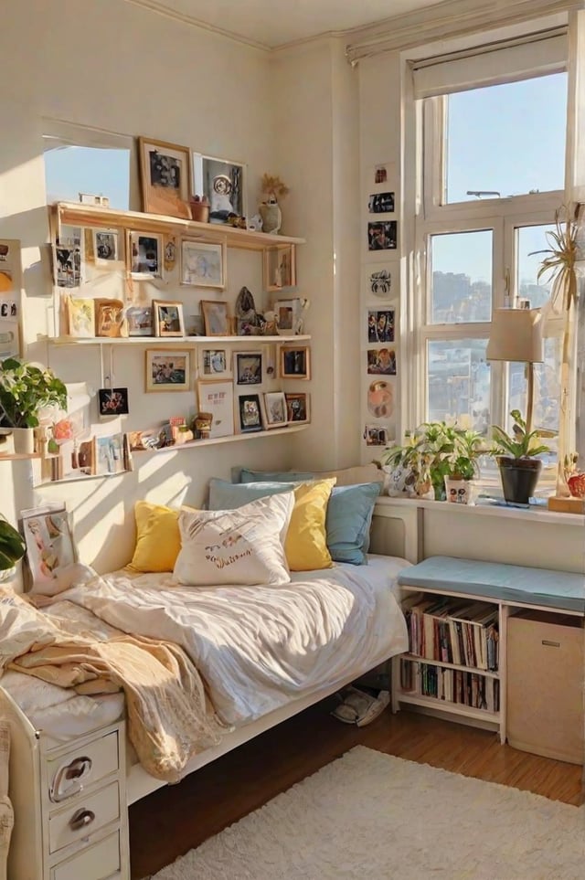 A cozy dorm room with a bed, shelves, and a window. The room is filled with pictures and plants, creating a warm and inviting atmosphere.