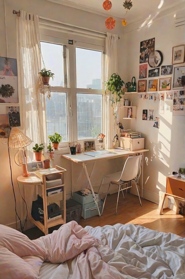 A dorm room with a desk, chair, and a window. The room is filled with potted plants and pictures on the wall. The desk has a laptop and books on it. The room is bright and sunny, with a cozy atmosphere.