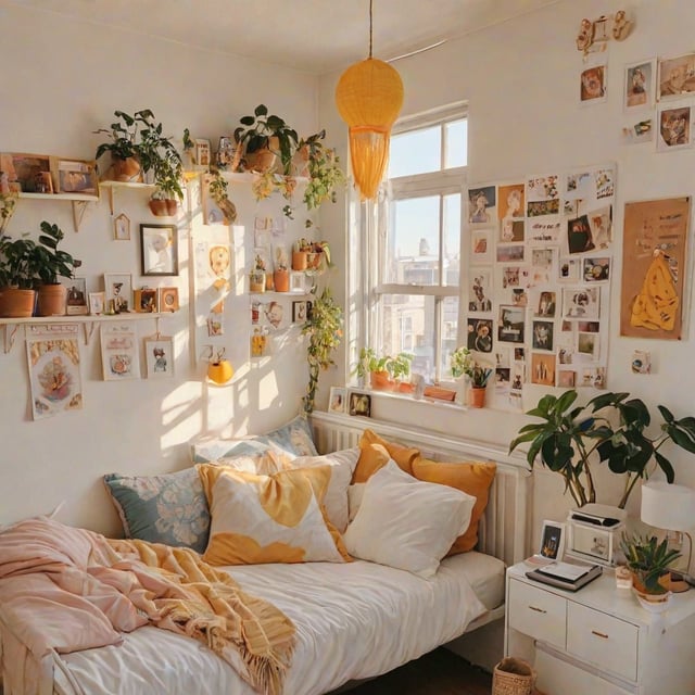 A bedroom with a bed, a window, and many plants. The bed is covered with yellow and white pillows and blankets. The room is decorated with various pictures and potted plants.