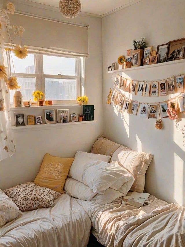 A cozy dorm room with a white bed, pillows, and a window with yellow flowers. The room is decorated with a string of photos and various knick knacks, creating a warm and personalized atmosphere.