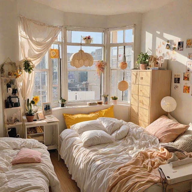A cozy dorm room with two beds, a large window, and various decorations.