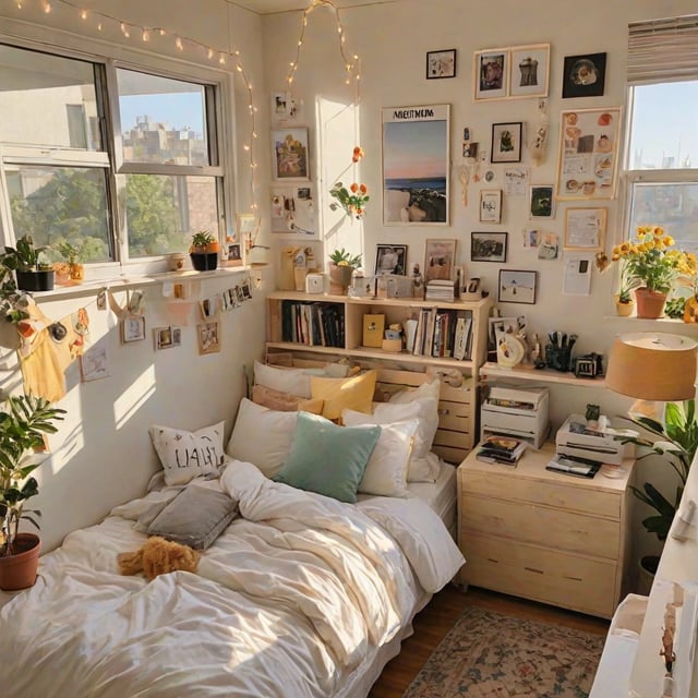 A cozy dorm room with a bed, bookshelf, and various decorations. The room has a white color scheme and is filled with potted plants and pictures on the walls. The bed is covered in white sheets and has a stuffed animal on it. The bookshelf is filled with books, and there are also several vases and potted plants throughout the room, adding to the overall warm and inviting atmosphere.