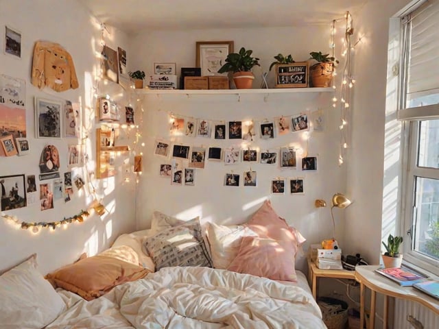 A cozy dorm room with a bed, shelf, and string lights on the wall.