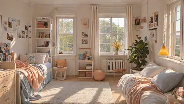 A cozy bedroom with two beds, a chair, a bookshelf, and a potted plant.