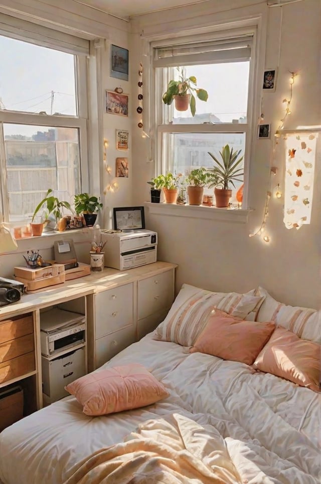 A cozy dorm room with a bed, desk, and windowsill full of potted plants. The room is decorated with a white color scheme and has a comfortable bed with pink pillows. The windowsill is adorned with various potted plants, adding a touch of greenery to the space. The desk area is equipped with a printer and a TV, making it a functional and inviting space for studying and relaxation.