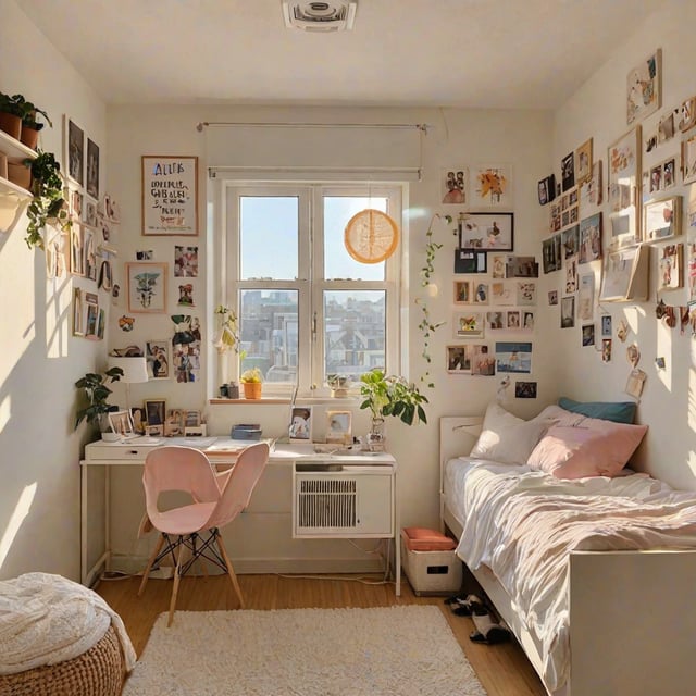 A small dorm room with a bed, desk, and chair. The room is decorated with many pictures and has a window that lets in natural light. The bed is made with a white comforter and has a pink pillow. The desk is cluttered with various items, including a laptop, books, and a potted plant. The chair is pink and placed in front of the desk.