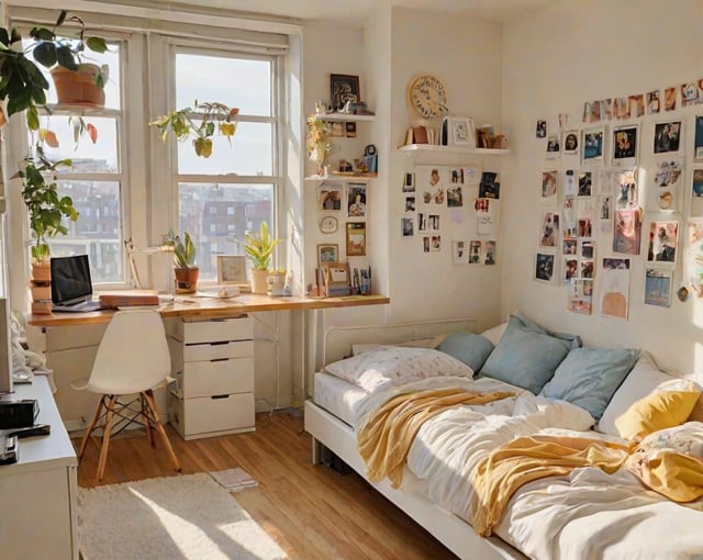 A cozy dorm room with a bed, desk, and various decorations. The room is filled with pictures and has a large window that allows natural light to fill the space.