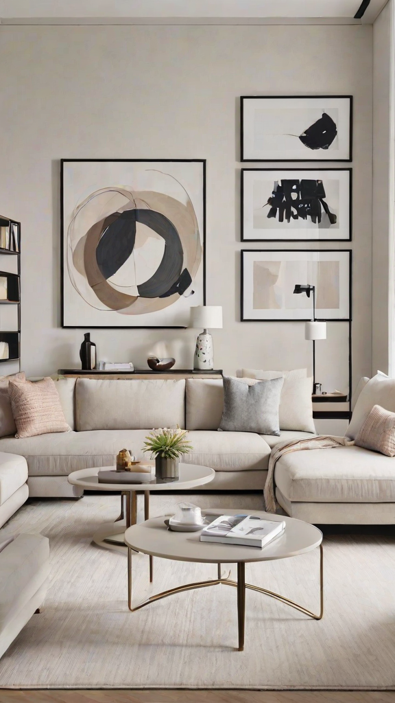 A contemporary living room with a white couch, artwork, and a vase with flowers on the coffee table.
