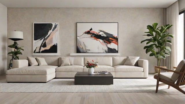 A contemporary living room with a white couch, a coffee table, a vase of flowers, and two paintings on the wall.